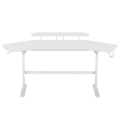 White Start2Finish gaming desk with shelves and accessory holder, showing a sleek workspace with organized storage.