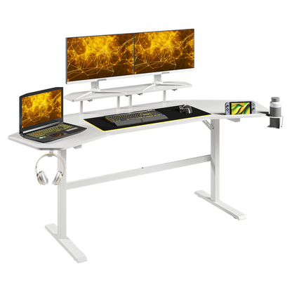 Start2Finish white gaming desk with shelves and accessory holder, featuring a spacious surface and organized storage options.