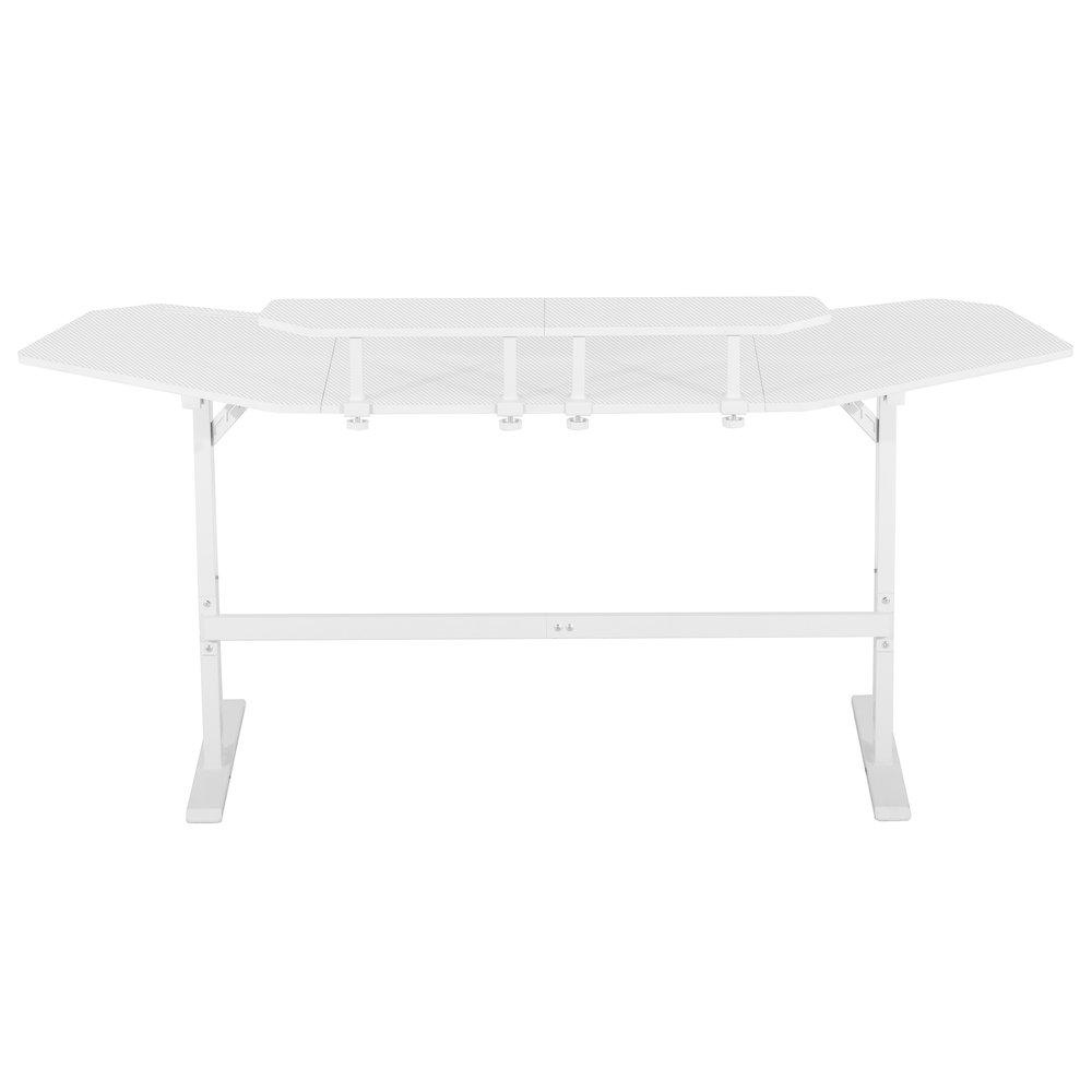 White Start2Finish gaming desk with shelves and accessory holder, featuring a spacious work surface and organized storage.