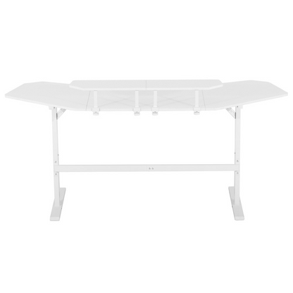 White Start2Finish gaming desk with shelves and accessory holder, featuring a spacious work surface and organized storage.
