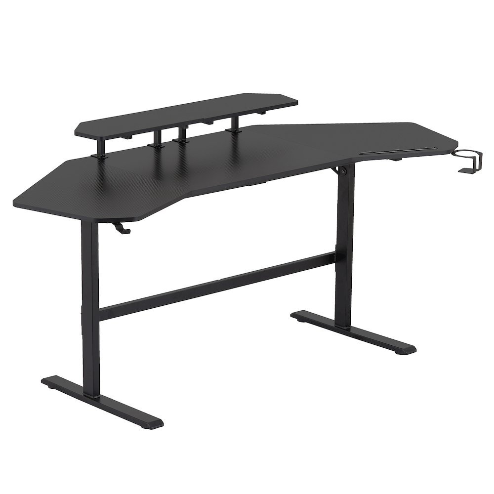 Start2Finish black gaming desk with built-in shelves and accessory holder, featuring a spacious surface and organized storage.