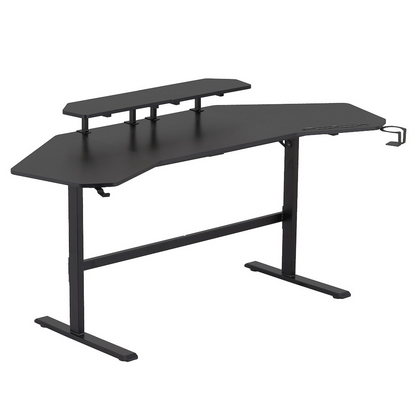 Start2Finish black gaming desk with built-in shelves and accessory holder, featuring a spacious surface and organized storage.