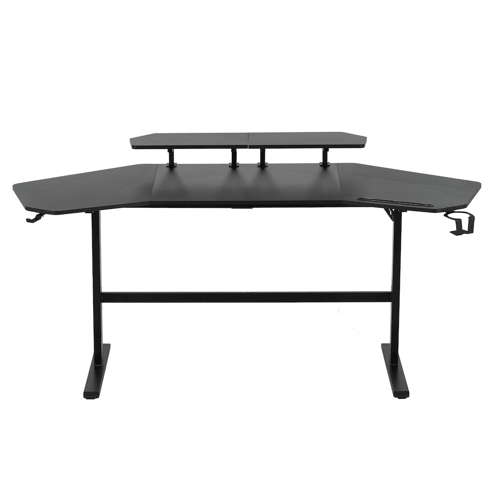 Start2Finish black gaming desk with shelves and accessory holder, showing the desk surface, side shelves, and organized accessories.
