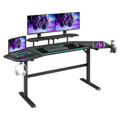 Start2Finish black gaming desk with shelves and accessory holder, featuring a spacious workspace and organized storage.