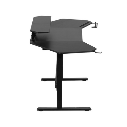 Start2Finish black gaming desk with shelves and accessory holder, featuring a spacious surface and organized storage options.