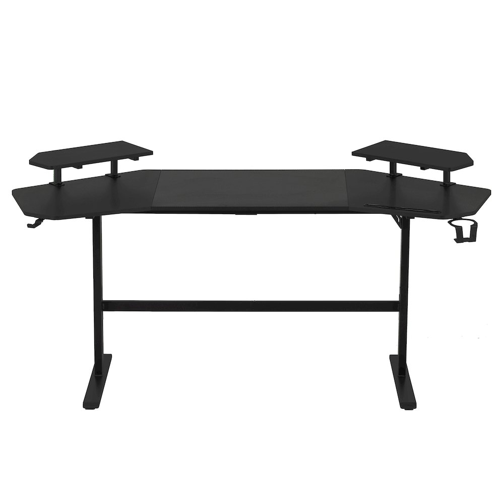Start2Finish black gaming desk with shelves and accessory holder, showing a spacious tabletop, storage shelves, and organized accessories.