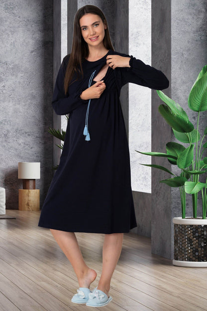 Navy blue Burgundy Artemis breastfeeding maternity nightgown with lace details, designed for nursing and maternity comfort.