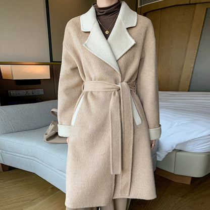 Ladies wool double-faced coat by Carmine Juneberry featuring classic design and cozy warmth, shown in a stylish front view.