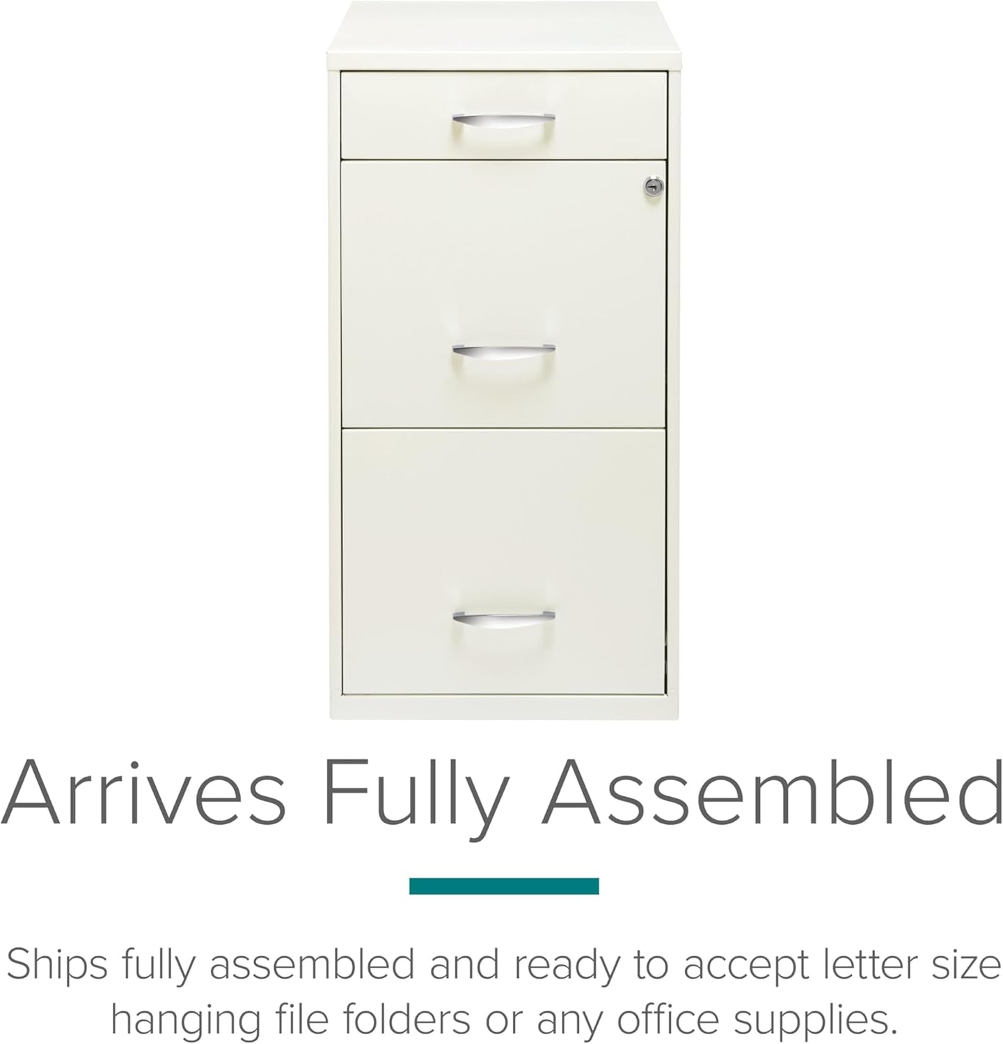 Pearl white Hirsh 18-inch deep 3-drawer metal file cabinet by Peach Maple, designed for office or home organization.