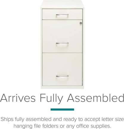 Pearl white Hirsh 18-inch deep 3-drawer metal file cabinet by Peach Maple, designed for office or home organization.