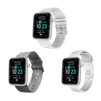 Salmon Lucky advanced smartwatch with three interchangeable bands and wellness activity tracker, showing digital display screen.