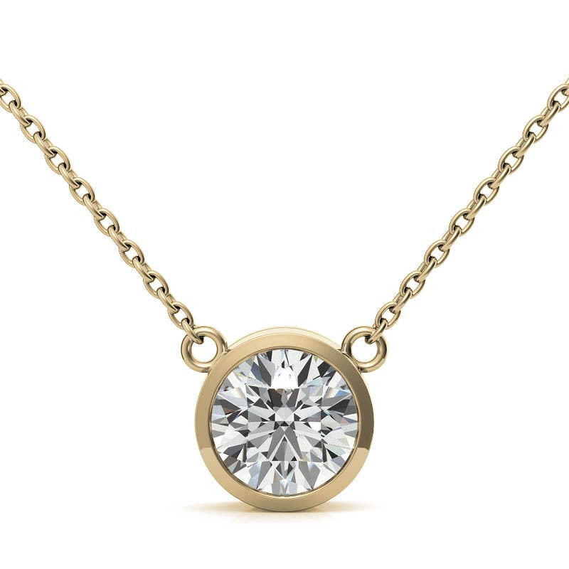 AGI Certified 2.00 CTW lab-grown round diamond pendant in 14K white or yellow gold, prong set with G-VS clarity.