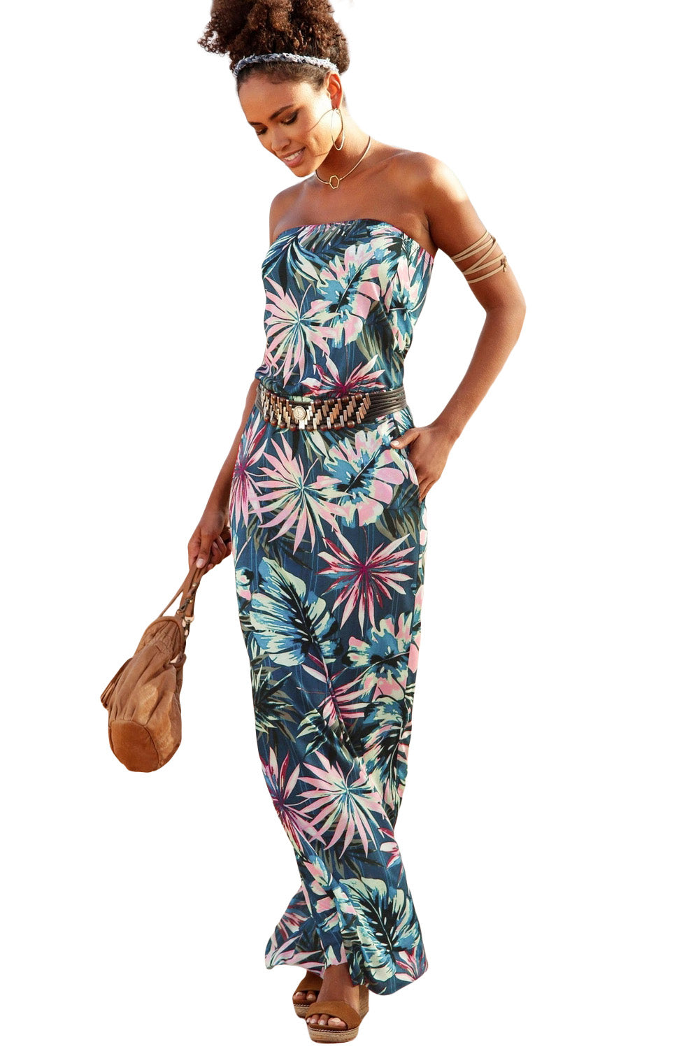 Green bohemian bandeau print maxi dress for women by Lavender Pallas, featuring a flowing design and vibrant boho pattern.