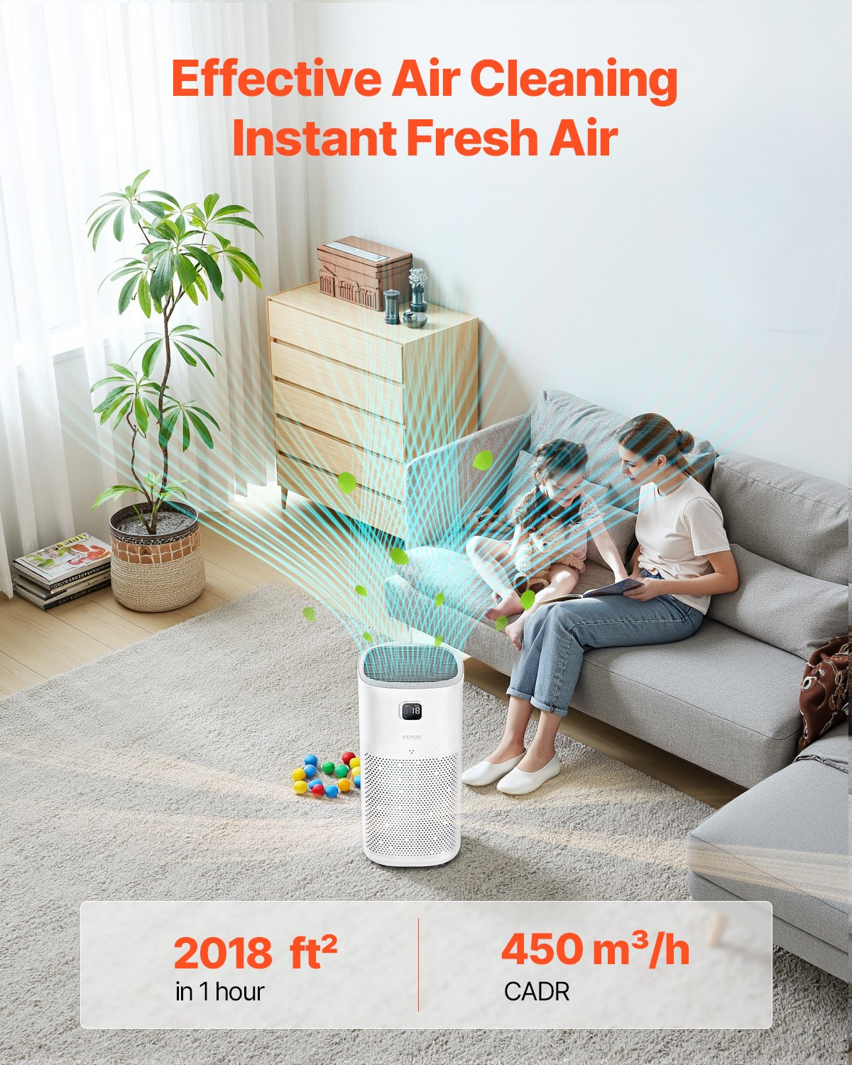 Start2Finish VEVOR air purifier with H13 HEPA filter, touch panel, child lock, sleep mode, suited for home and office use.