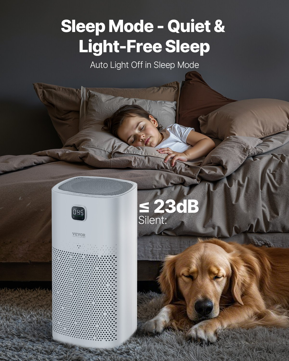 Start2Finish VEVOR Air Purifier with H13 HEPA filter, touch control, child lock, sleep mode, suitable for large home or office spaces.
