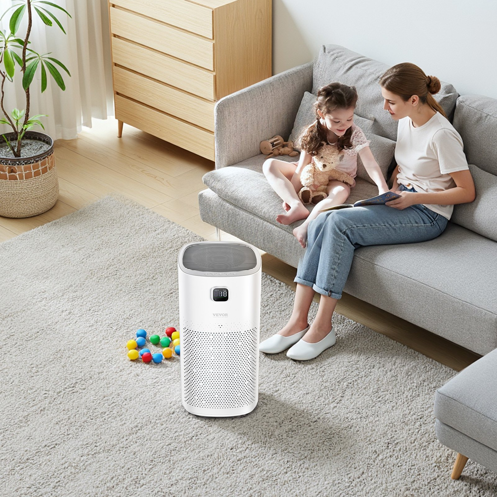 Start2Finish VEVOR air purifier with H13 HEPA filter, touch panel, sleep mode, child lock, suitable for home and office use.
