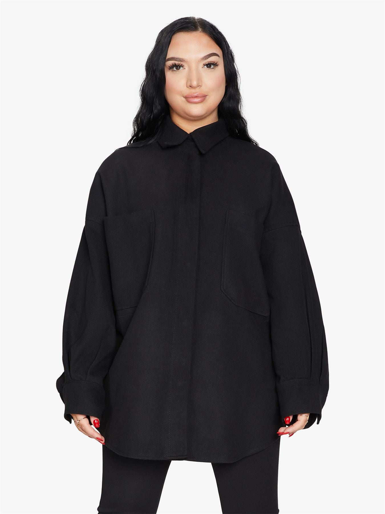 Rose Eleusis oversized patch pocket shacket, a stylish jacket with large front patch pockets and a relaxed fit, perfect for layering.