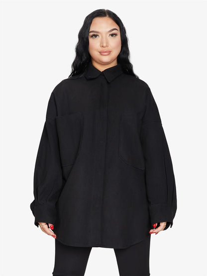 Rose Eleusis oversized patch pocket shacket, a stylish jacket with large front patch pockets and a relaxed fit, perfect for layering.