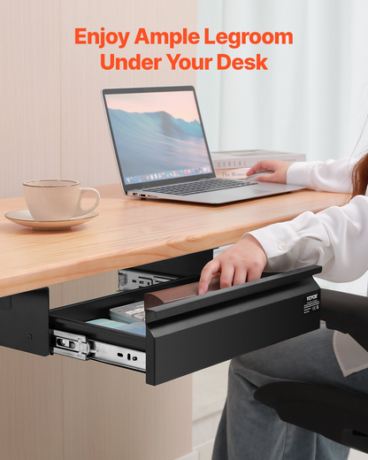 Start2Finish VEVOR 16-inch under desk drawer slide out for hidden desktop storage and organization in office or home workstation.