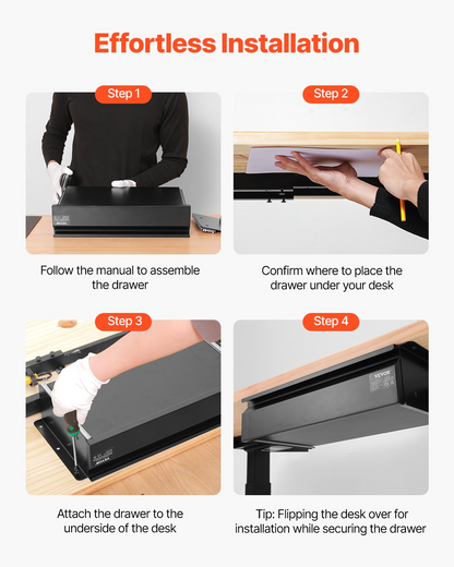 Start2Finish VEVOR 16-inch under desk drawer slide out for hidden desktop storage and organization in office or home workstations.