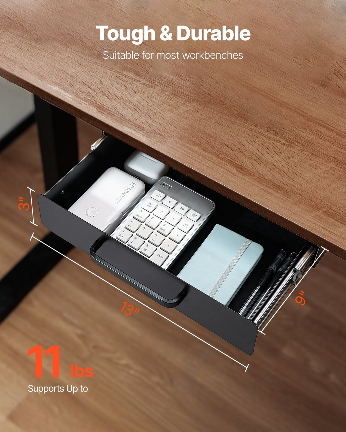 Start2Finish VEVOR 13-inch under desk drawer slide out with hidden desktop storage organizer and pencil drawer for office or home.