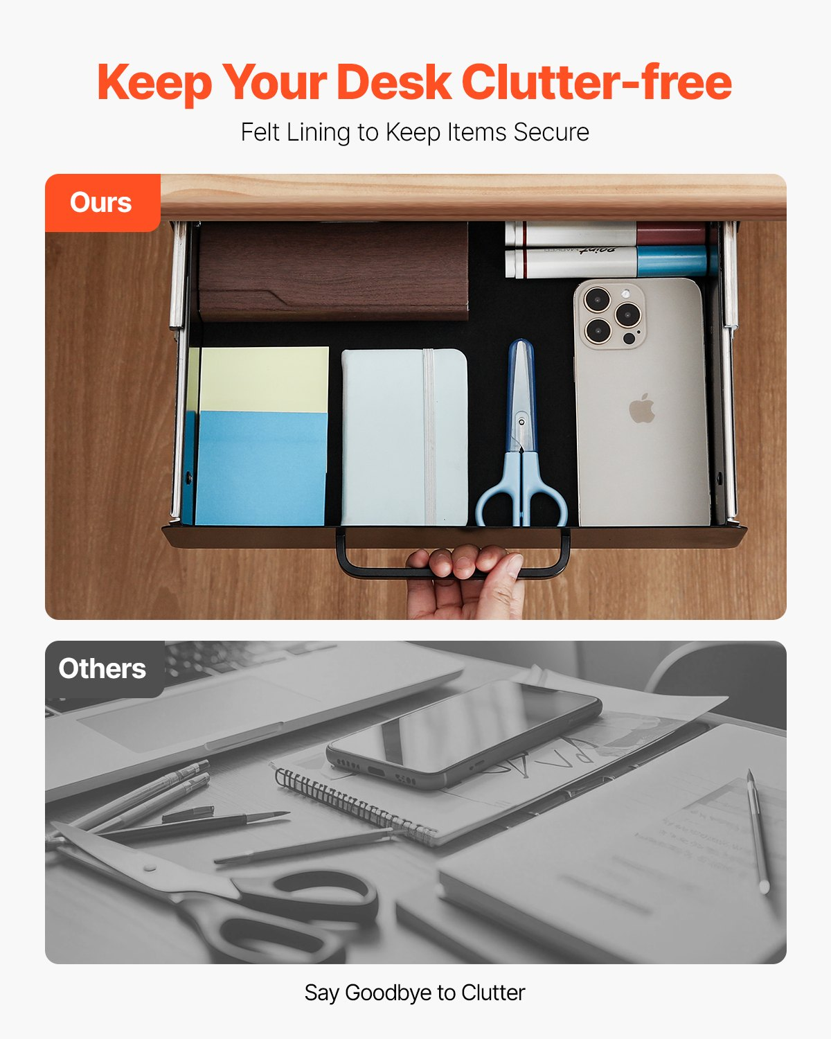 Start2Finish VEVOR 13-inch under desk drawer slide-out storage organizer mounted under desk or table for office or home use.