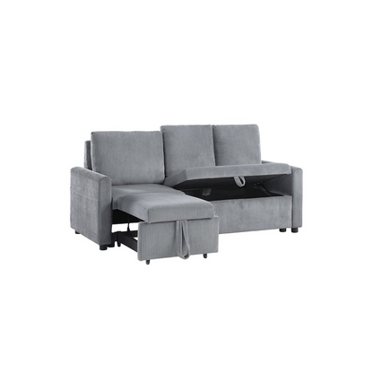 Gray corduroy sofa with 70-inch width, pull-out chaise, underseat storage, and side pocket, by Start2Finish.
