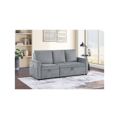 Gray corduroy sofa with pull-out chaise, underseat storage, and side pocket, featuring a 70-inch width and modern design.