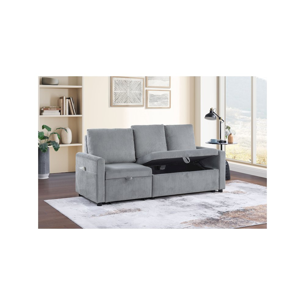 Gray corduroy sofa with pull-out chaise, underseat storage, and side pocket by Start2Finish, showing the sofa&