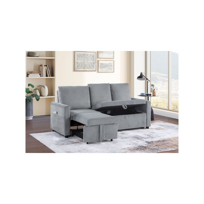 Gray corduroy sofa with pull-out chaise, underseat storage, and side pocket by Start2Finish, showing the spacious seating and fabric texture.