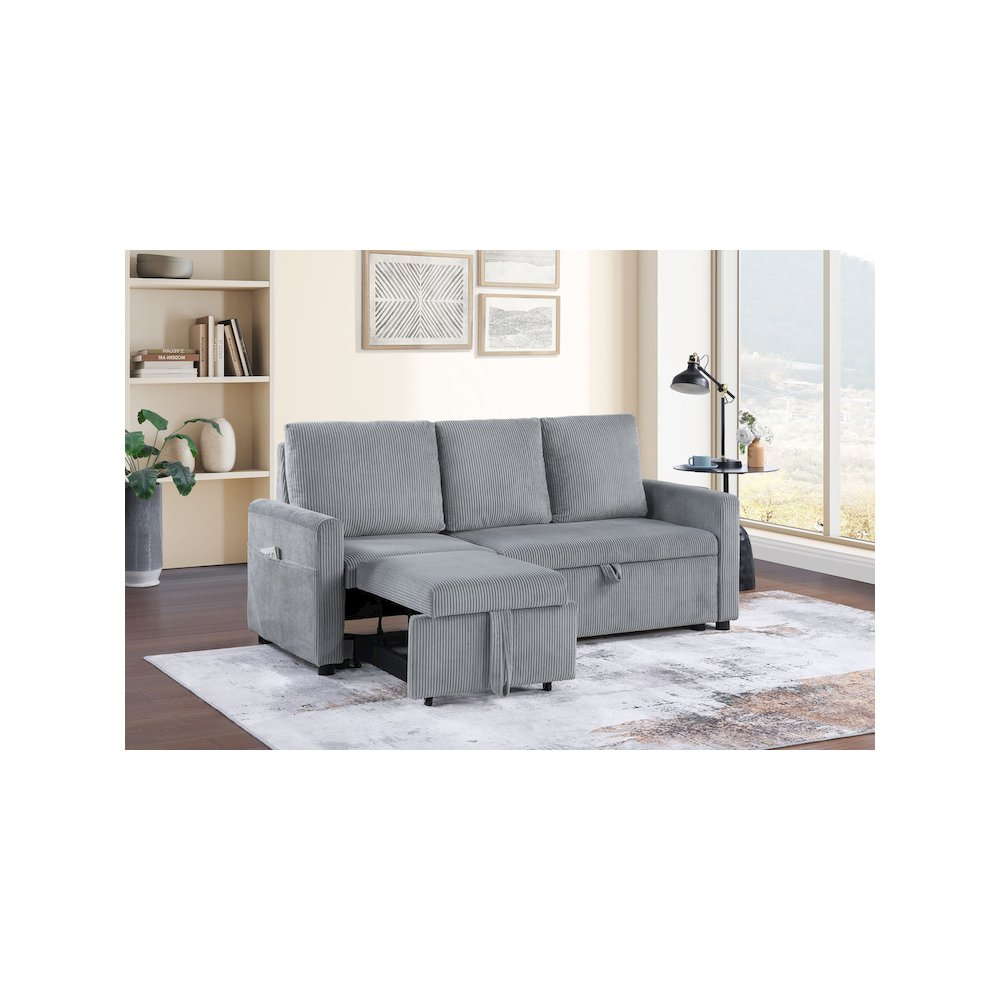Gray 70-inch corduroy sofa by Start2Finish with pull-out chaise, underseat storage, and side pocket for comfort and convenience.