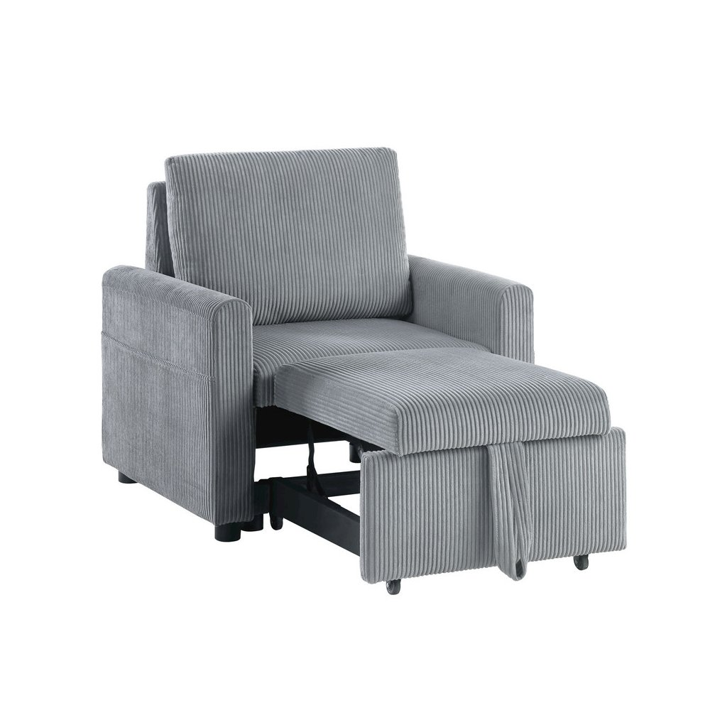 Gray Oswin 33-inch wide corduroy armchair by Start2Finish with a pull-out chaise and side pocket, showing plush upholstery and armrest details.