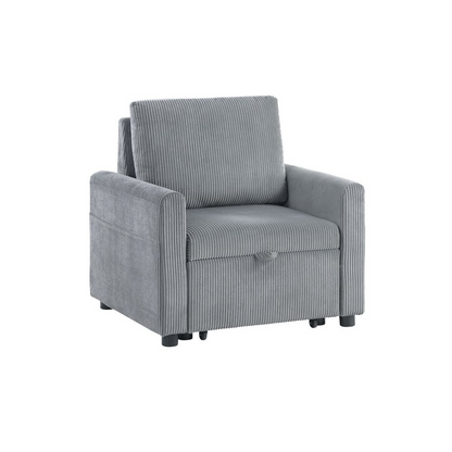 Gray corduroy Oswin 33-inch armchair with pull-out chaise and side pocket, by Start2Finish, showcasing plush fabric and functional design.
