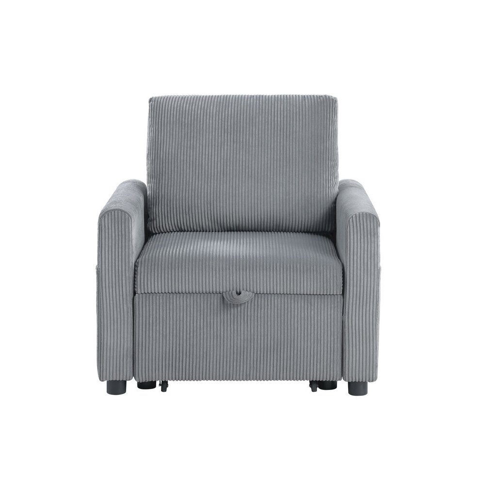 Gray Oswin corduroy armchair with pull-out chaise and side pocket, featuring a comfortable design and stylish upholstery.