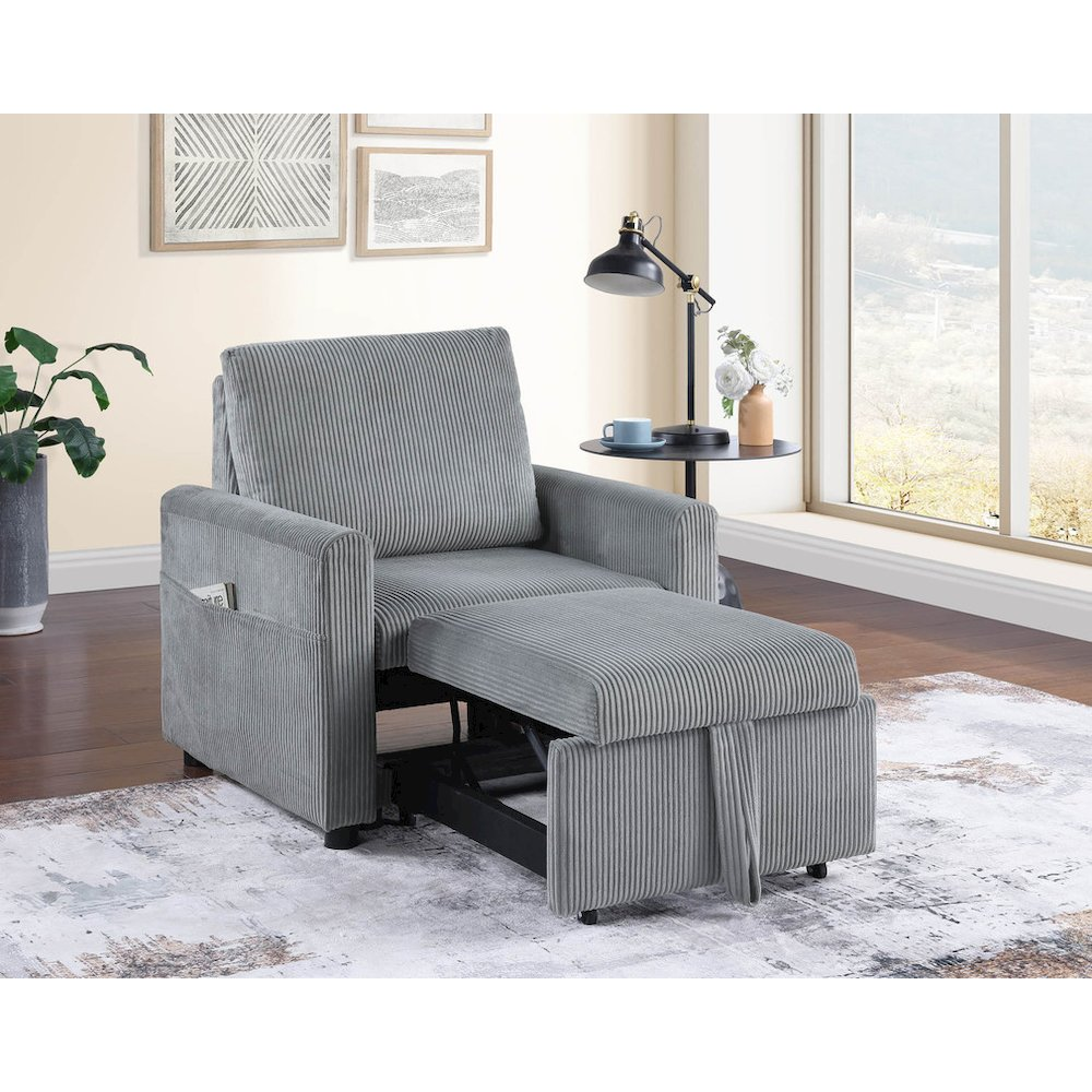 Oswin gray corduroy armchair with pull-out chaise and side pocket by Start2Finish, featuring plush upholstery and functional design.