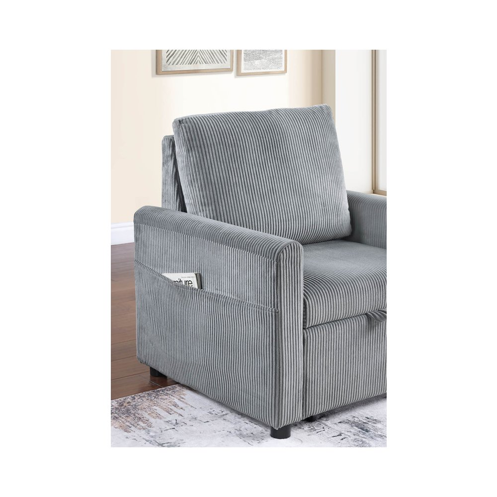 Gray corduroy Oswin 33-inch armchair with pull-out chaise and side pocket, stylish and comfortable seating from Start2Finish.