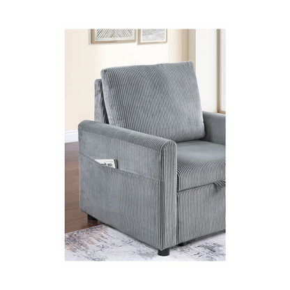 Gray corduroy Oswin 33-inch armchair with pull-out chaise and side pocket, stylish and comfortable seating from Start2Finish.