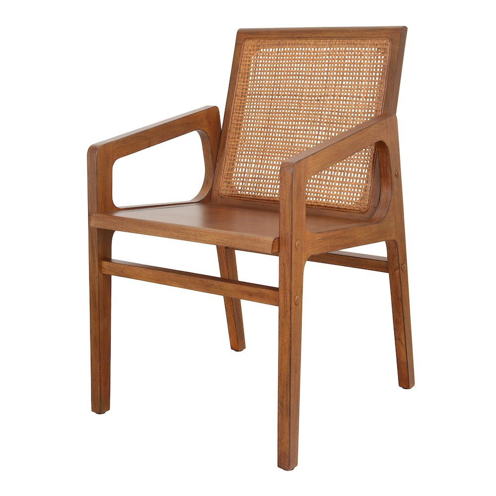 Start2Finish Davina teak dining side arm chair with natural wood finish and cushioned seat for comfortable dining room seating.