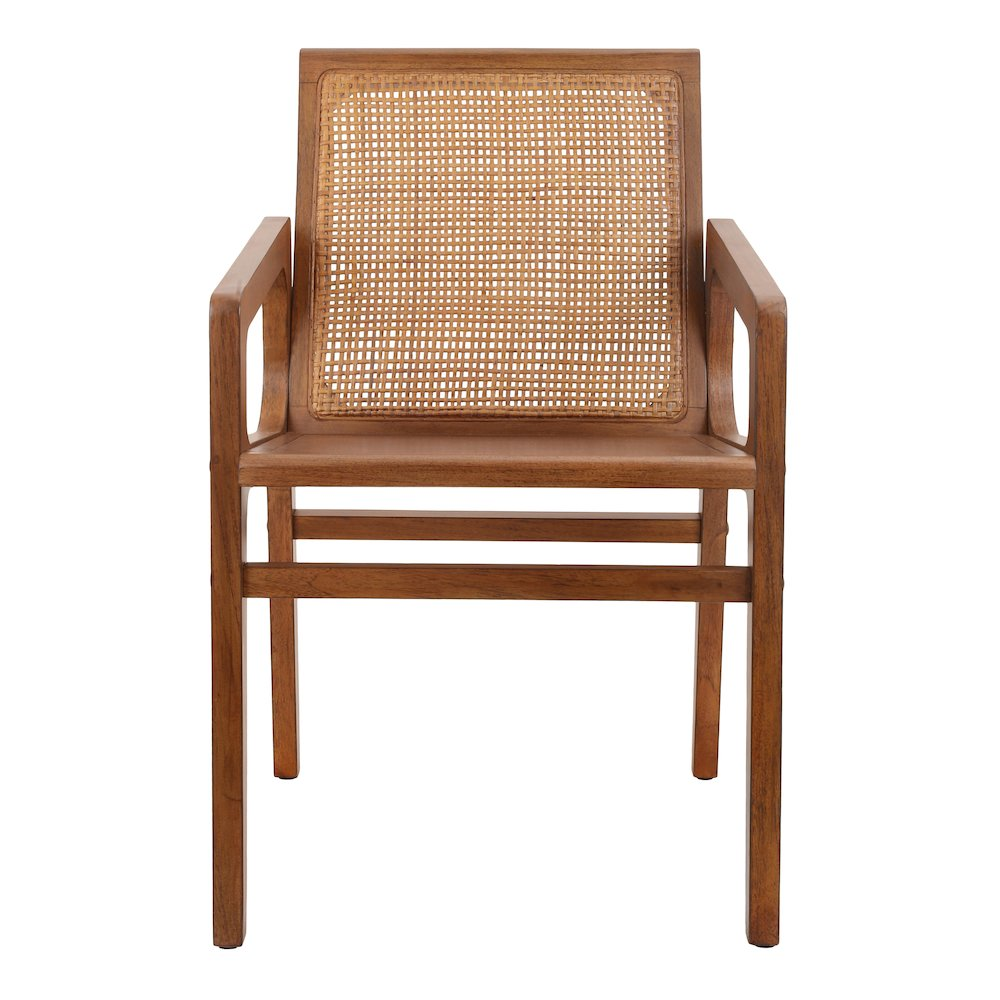 Start2Finish Davina teak dining side arm chair with a natural wood finish and comfortable armrests, ideal for outdoor or indoor dining.