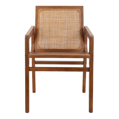 Start2Finish Davina teak dining side arm chair with a natural wood finish and comfortable armrests, ideal for outdoor or indoor dining.