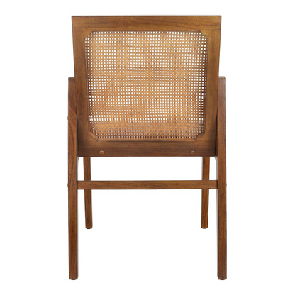 Start2Finish Davina teak dining side arm chair with a natural wood finish and cushioned seat, designed for comfortable outdoor dining.