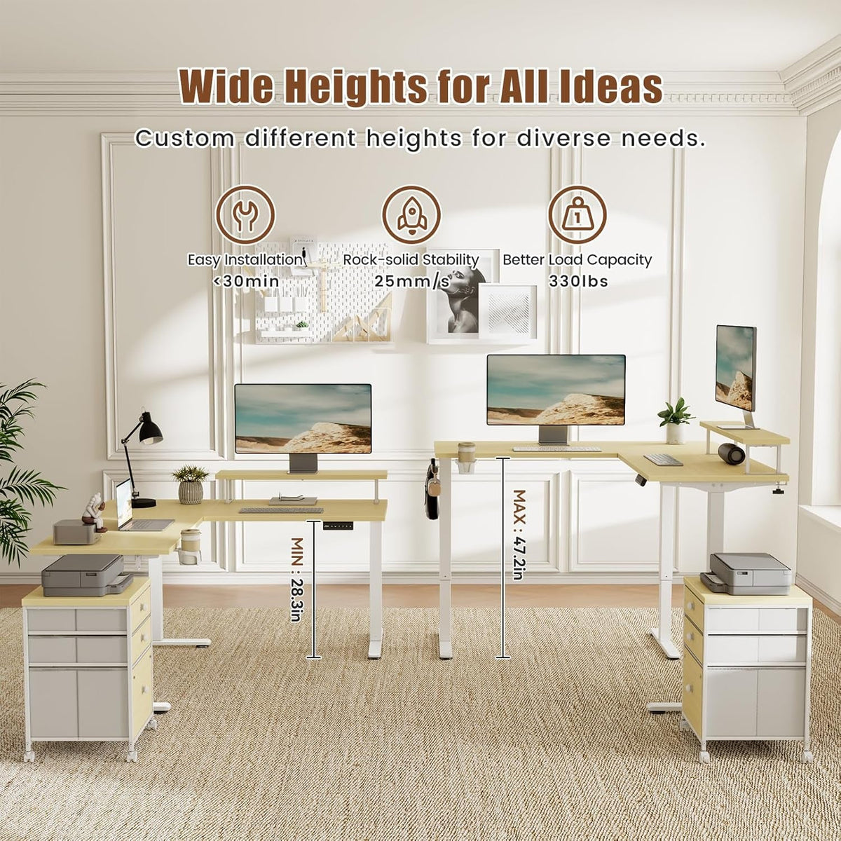 Electric LShaped Standing Work station With Drawers Maple
