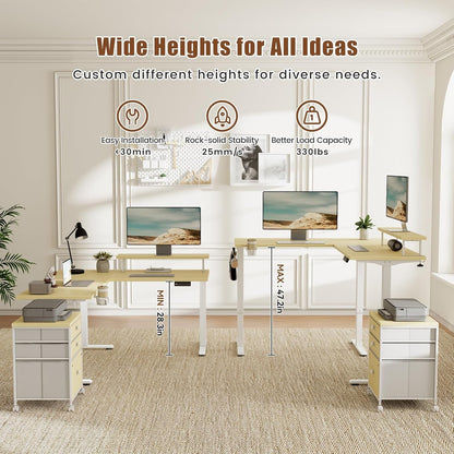 Electric LShaped Standing Work station With Drawers Maple