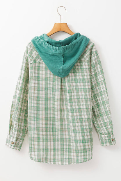 Green checkered print loose fit hooded shacket from Carmine Juneberry, featuring button front and casual oversized style.