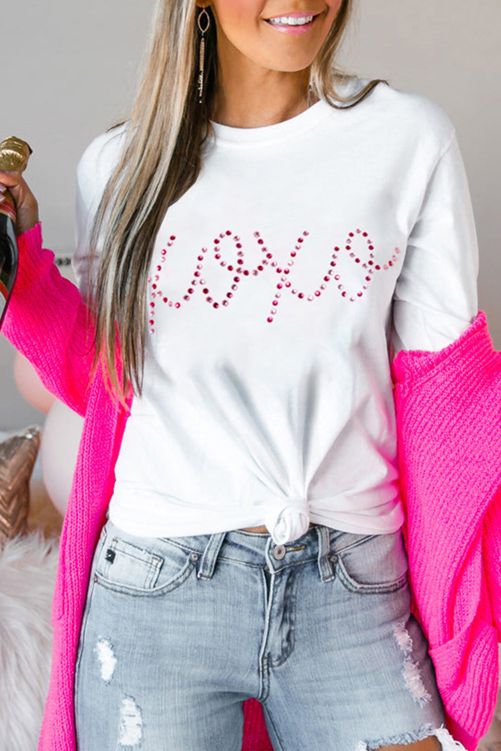 White Rhinestone XOXO Valentine Tee by Harlequin Daisy, featuring rhinestone embellishments and casual bath and beauty style.
