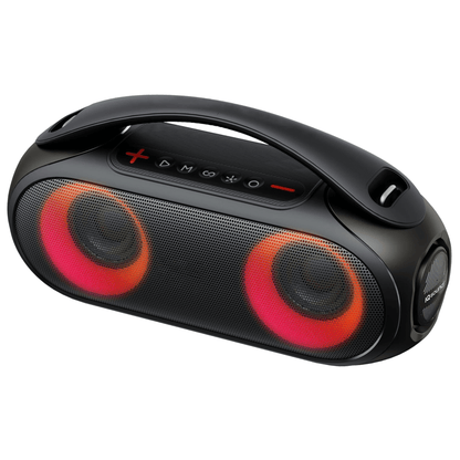 Sky Iapetus Supersonic portable Bluetooth speaker with water resistance and RGB light panel, showcasing the compact design and colorful lighting