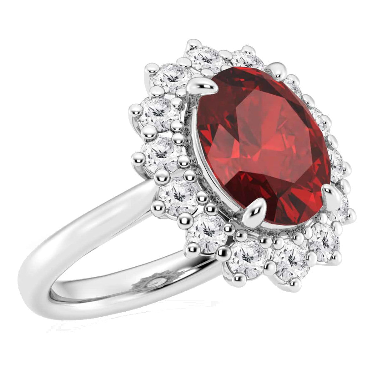 AGI Certified 3CTW oval lab ruby engagement ring with lab diamond halo in 14K white or yellow gold, featuring a 9x7mm gemstone.