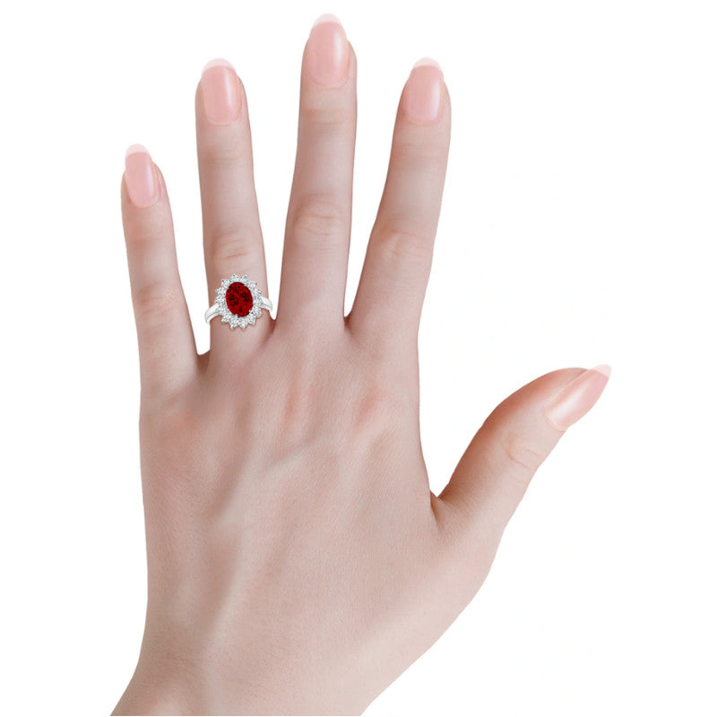 AGI Certified 3CTW oval lab ruby engagement ring with lab diamond halo in 14K white or yellow gold, 9x7mm size, by Start2Finish.
