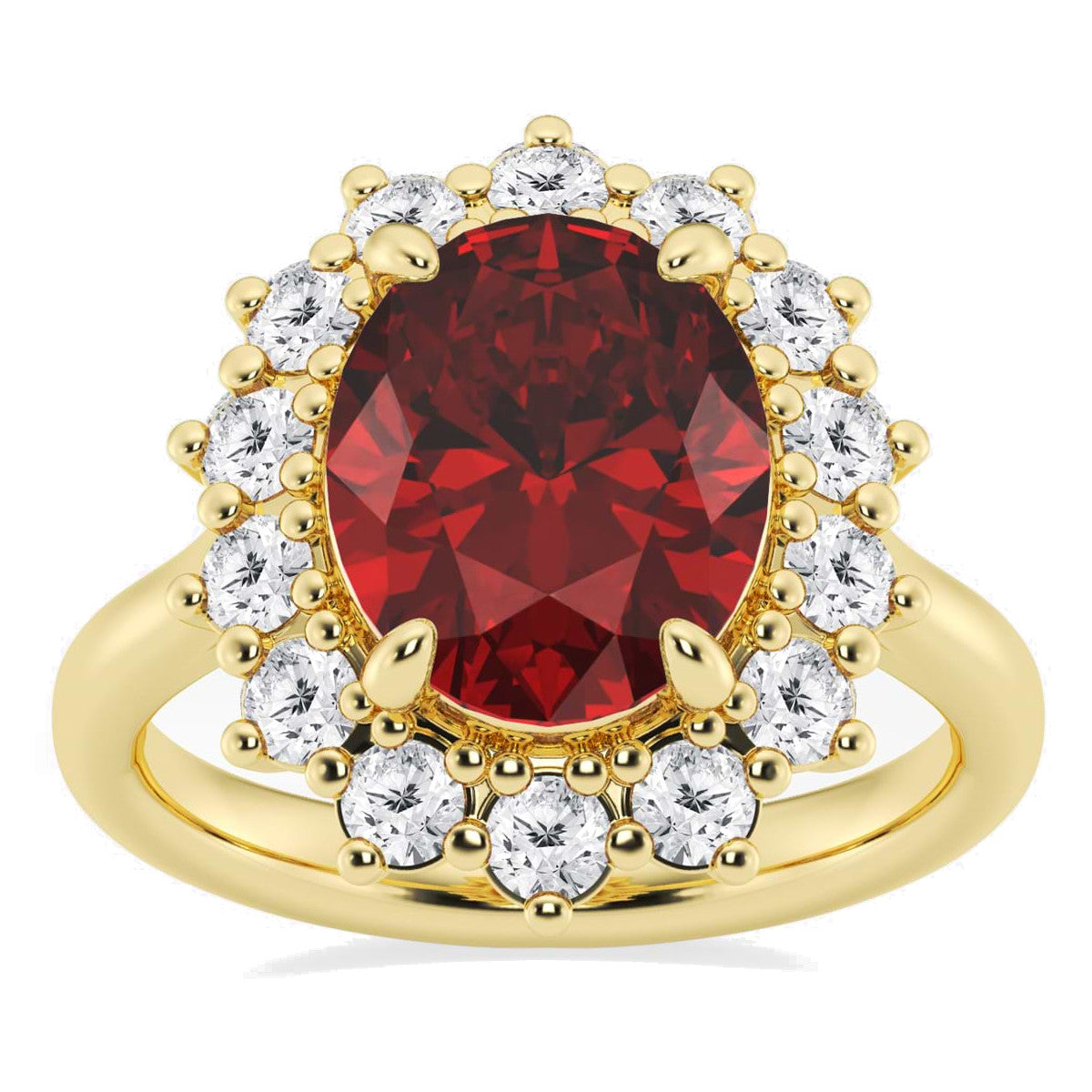 AGI Certified 3CTW oval lab ruby engagement ring with lab diamond halo in 14K white or yellow gold, 9x7mm size, from Start2Finish.