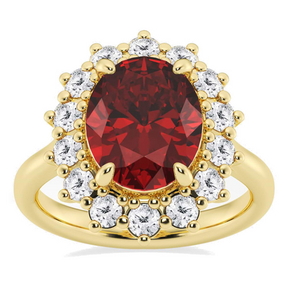 AGI Certified 3CTW oval lab ruby engagement ring with lab diamond halo in 14K white or yellow gold, 9x7mm size, from Start2Finish.